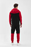 Erkek Double Face Kapüşonlu Fermuar Kapamalı Cepli Lastikli Paça Siyah Kırmızı Eşofman Takımı - 7763