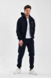 Erkek Üç İplik Kapüşonlu Fermuarlı Cepli Lastikli Paça Açık Lacivert Beyaz Eşofman Takımı - 5206