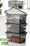 3'lü 7,5 Lt Kilit Kapaklı Erzak Saklama Kabı Çok Amaçlı Düzenleyici Kutu Gıda Bakliyat Kabı Antrasit