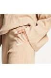 Sportswear Ribbed Jersey Wide Bej Renk Kadın Eşofman Altı
