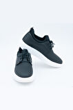 Siyah Renk İğne Baskı Görünümlü +7cm Boy Uzatan Gizli Topuklu Erkek Spor Ayakkabı Sneaker