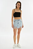 Explode - Kadın Yırtık Detaylı Mini Kot Etek Açık Mavi