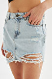 Explode - Kadın Yırtık Detaylı Mini Kot Etek Açık Mavi
