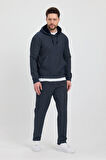 Erkek Lacivert Puantiyeli Kanguru Cepli Kapüşonlu Eşofman Takımı  - 7809