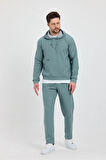Erkek Yeşil Puantiyeli Kanguru Cepli Kapüşonlu Eşofman Takımı  - 7809