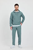 Erkek Yeşil Puantiyeli Kanguru Cepli Kapüşonlu Eşofman Takımı  - 7809