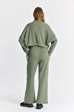 Kadın Modal Düşük Kol Rahat Crop Fermuarlı Geniş Paça Haki Eşofman Takımı - 7807