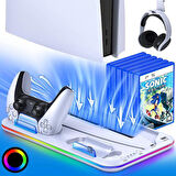 Playstation 5 Standart (Fat) Kasa Fanlı - RGBli - Oyun Raflı - Şarjlı Stand - BEYAZ
