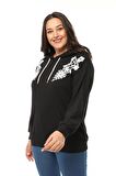 Kadın Büyük Beden Fitilli Örme Dantel Detaylı Siyah Sweatshirt