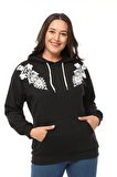 Kadın Büyük Beden Fitilli Örme Dantel Detaylı Siyah Sweatshirt