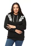 Kadın Büyük Beden Fitilli Örme Dantel Detaylı Siyah Sweatshirt