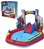 Su Pompalı-Bestway 98793 Spiderman Temalı Kaydıraklı Fıskiyeli AquaPark Şişme Eğlence Havuzu