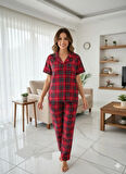 KADIN DÜĞME DETAYLI KIRMIZI PİJAMA TAKIMI