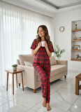 KADIN DÜĞME DETAYLI KIRMIZI PİJAMA TAKIMI
