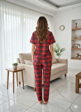 KADIN DÜĞME DETAYLI KIRMIZI PİJAMA TAKIMI