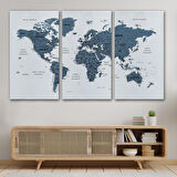 Harita Sepeti Türkçe Dünya Haritası Dekoratif Kanvas Tablo Son Derece Detaylı 1615