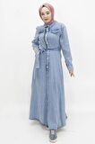 Sahte Cep Detaylı Düğmeli Tesettür Kot Elbise