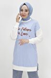 CYLN10476 PUANE İKİ İPLİK KUMAŞ YAZI BASKILI VE ÇİZGİLİ SWEATSHIRT