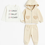 Kalp Nakışlı Hırkalı Kışlık Kız Bebek Eşofman Takım 3lü Set