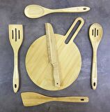 Bambu Kes Karıştır Set Kulplu Kesme Tahtası ve Bambu Kaşık Bıçak Seti