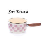Dama Desenli Emaye Çaydanlık ve 14 CM Sos Tavası Pembe