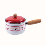 Emaye Sos Tavası Horoz Desenli 14 CM Kırmızı Kapaklı ve Silikon Spatula Seti