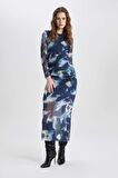 DeFacto Bodycon Yuvarlak Yaka Batik Tül Midi Uzun Kollu Elbise C5082AX24SPBE181