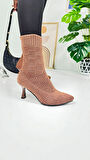 Günlük Kadın Bot Yüksek İnce Topuklu Triko Esnek Sivri Burunlu Tırtıklı Taban Rahat Bootie 170