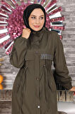 Yazı Detaylı Kapşonlu Mont Haki 15900