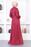 İncili Dantelli Simli Abiye Bordo 12252