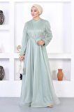 İncili Dantelli Simli Abiye Mint 12252