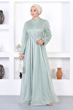 İncili Dantelli Simli Abiye Mint 12252