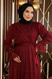 Taş Detaylı Simli Şifon Abiye Bordo 19113