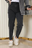 Taş Detaylı Kot Pantolon Siyah 6094