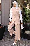 Kemerli Yelek Pantolon Takım Bej 19250