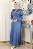 Taş Detaylı Saten Abiye Mavi MSW19901-3