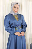 Taş Detaylı Saten Abiye Mavi MSW19901-3