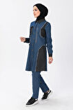 Fermuar Detaylı Tesettür Kot Kombin Koyu Mavi MSW10074-2
