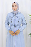 Kapşonlu Beli Bağcıklı Kot Takım Buz Mavisi 19235