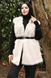Kemerli Kürklü Yelek Beyaz 19372
