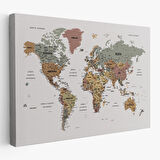 Harita Sepeti Türkçe Detaylı Dünya Haritası Dekoratif Renkli Zeminli Kanvas Tablo 1701