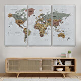 Harita Sepeti Türkçe Detaylı Dünya Haritası Dekoratif Renkli Zeminli Kanvas Tablo 1701