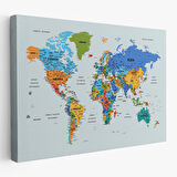 Harita Sepeti Türkçe Detaylı Dünya Haritası Dekoratif Renkli Zeminli Kanvas Tablo 1707