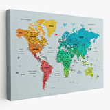 Harita Sepeti Türkçe Detaylı Dünya Haritası Dekoratif Renkli Zeminli Kanvas Tablo 1709