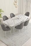 Rovena Liora Beyaz Mermer 70x114 Açılabilir Mdf Mutfak Masası Takımı 6 Adet Sandalye