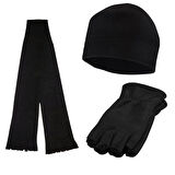 Unisex Siyah Kışlık Parmaksız Kesik Yarım Parmak Polar Eldiven - Polar Bere - Polar Atkı 3'lü set