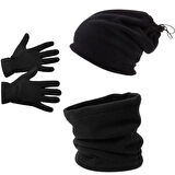 Erkek Kışlık Siyah Parmaklı Polar Eldiven - Polar Ipli Şapka Bere Olabilen Boyunluk 3'lü Set Kışlık