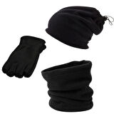 Unisex Siyah Kışlık Polar Kesik Yarım Parmak Eldiven Polar Bere Polar Boyunluk 3'lü Set