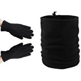 Kadın Siyah Kışlık Termal Polar Eldiven - Şapka Bere Olabilen Ipli Polar Boyunluk 2'li Set
