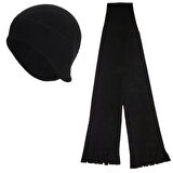 Unisex Siyah Kışlık Termal Kulaklıklı Polar Bere - Polar Atkı 2'li Set